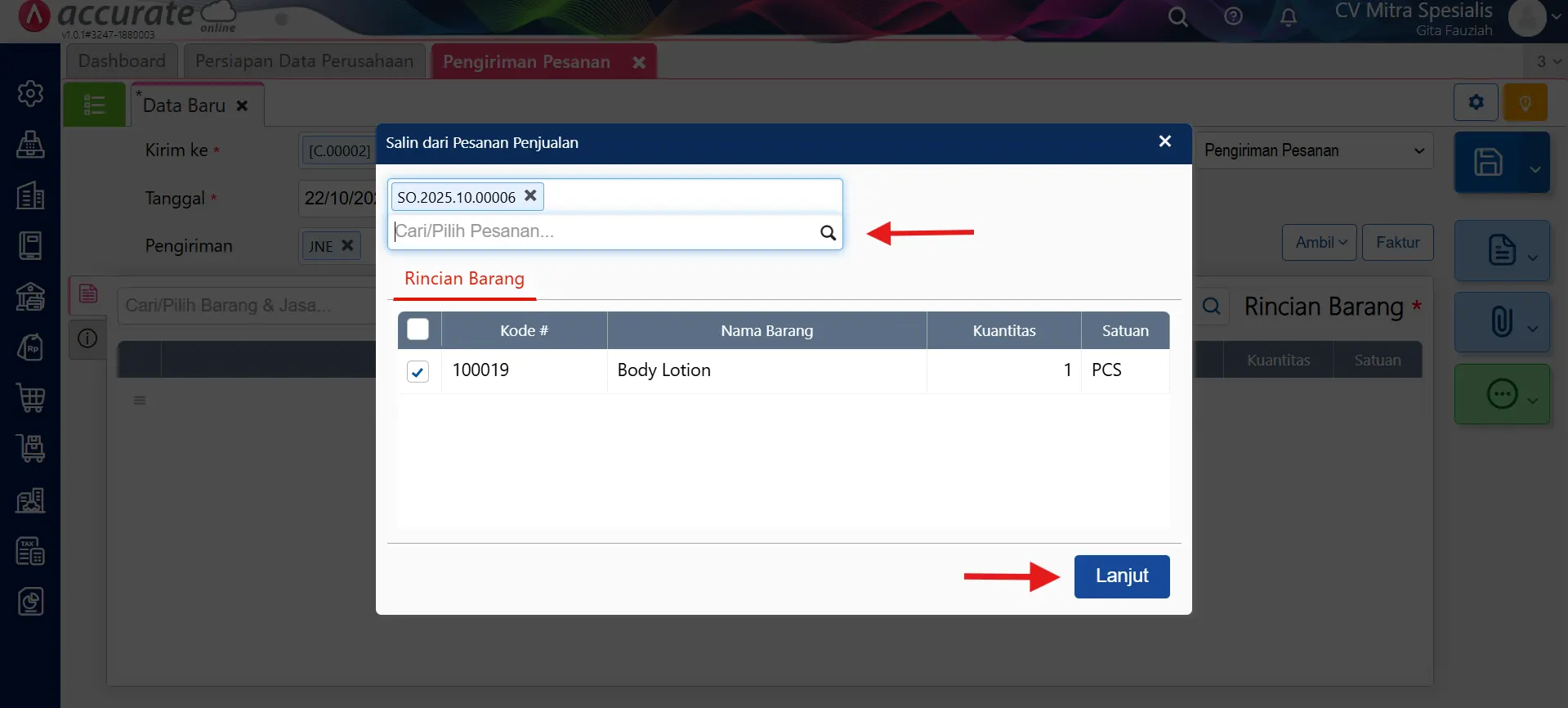 catat pengiriman pesanan dari pesanan penjualan